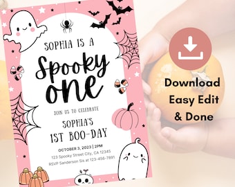 Spooky One Girl Birthday Invite, Editable First Birthday, Halloween Ghost Invite, 1st Booday Invite, Spooky One Girl, Editable Spooky Invite