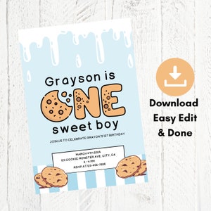 Milk and Cookies Birthday Invitation EDITABLE, One Sweet Cookie Birthday, Printable First Birthday Invitation, Cookie Birthday Party, Canva