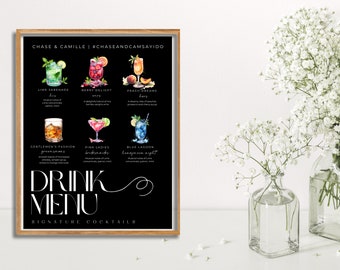 Minimalistyczny podpis na drinka, drukowany znak na drinka na wesele, nowoczesny znak na drinka dla niego i dla niej edytowalny, clipart koktajlowy, akwarela