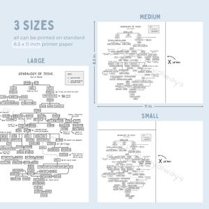 Pode incluir: Um gr&aacute;fico geneal&oacute;gico em preto e branco intitulado Genealogy of Jesus, mostrando tr&ecirc;s tamanhos rotulados como Large, Medium e Small. Os gr&aacute;ficos apresentam linhas e caixas com nomes, com as vers&otilde;es Medium e Small mostrando linhas de corte para papel de 21,59 x 27,94 cm.