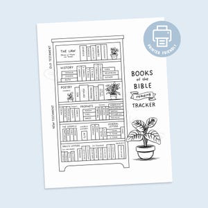 Könnte beinhalten: Schwarz-Weiß-Illustration eines Bücherregals mit den Büchern der Bibel. Der Text lautet "Books of the Bible reading tracker". Eine Topfpflanze befindet sich unten rechts.