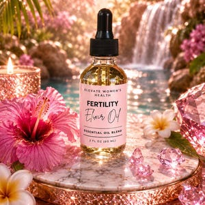May include: A clear glass bottle of Fertility Elixir Oil with a black dropper, set against a backdrop of pink flowers and a waterfall. The label reads "Elevate Women's Health" and "Fertility Elixir Oil, Essential Oil Blend, 2 fl oz (60 ml)."