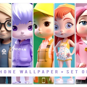 Puede incluir: Conjunto de 5 fondos de pantalla para iPhone con personajes de dibujos animados con estilos distintos. Los personajes incluyen una niña con gafas, un niño con una sudadera con capucha morada, un trabajador de la construcción, una niña con un pelele amarillo y una niña con una blazer rosa. Se muestra el texto "IPHONE WALLPAPER SET OF 5".