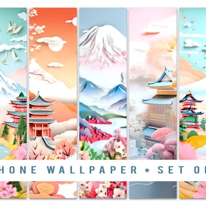 May include: Set of five iPhone wallpapers featuring a Japanese theme with paper-cut style illustrations of cherry blossoms, mountains, and traditional buildings. The colors are soft and pastel, with shades of pink, blue, and green.
