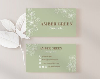 Boho Business Card Template, Editable Canva Template, Printable Business Card Design, Small Business Branding, Floral Green Business Card