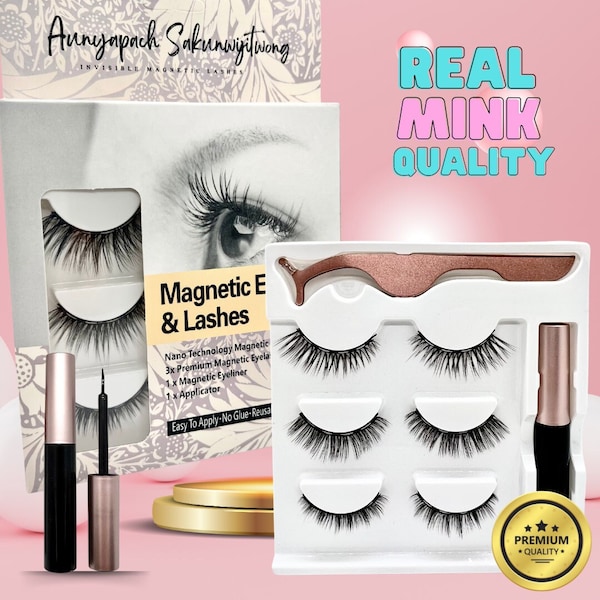 Magnetic Eyelashes AS ® Magnetic Eyeliner and Faux Mink Lashes Kit 24 Hours Waterproof 3 Pairs of 3D Magnetic Eyelashes