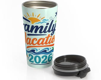 Tazza da viaggio per vacanze in famiglia 2026 / Acciaio inossidabile con design alba sulla spiaggia