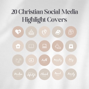 May include: Twenty beige circle icons with white outlines and text. The icons depict Christian themes such as a heart with a cross, a church, a bible, a house with a heart, a play button, a cup of coffee, a shopping bag with a heart, a dumbbell, and more. The text below the icons includes words like "Faith", "Ministry", "Blog", "Devotion", "Lifestyle", "Church", "Travel", and "Family".