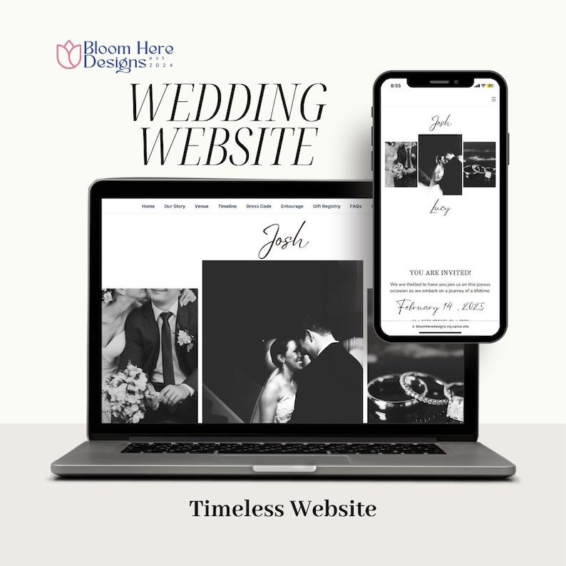 May include: A black and white image of a laptop computer displaying a wedding website with the names "Josh" and "Lucy" and the date "February 14, 2025". The website has a simple design with a black and white color scheme. The laptop is on a white surface. The text "You are invited!" is displayed on the website.