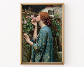 De ziel van de roos door John William Waterhouse | Decor voor beeldende kunst | Antiek olieverfschilderij en klassieke afdrukbare muurkunst | Cottagecore-sfeer