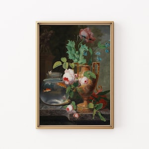 May include: A framed still life painting featuring a goldfish bowl, a decorative vase with flowers, and a dark background. The painting has a gold frame and is set against a white wall.