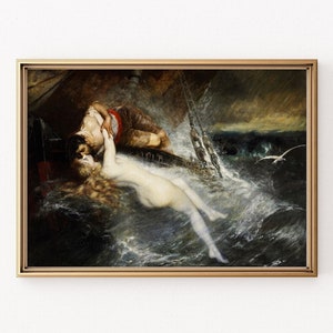 May include: A painting depicting a dramatic scene of a man and a woman embracing in a stormy sea. The man is clinging to a piece of wreckage, while the woman is partially submerged in the water. The painting is filled with swirling waves and dark clouds, creating a sense of danger and urgency.