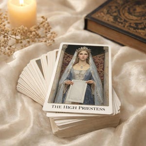 Könnte beinhalten: Ein Tarotkartendeck mit der Karte "Die Hohepriesterin", die eine Frau in einem blauen Kleid und Schleier zeigt. Die Karten liegen auf einem Satintuch, mit einer brennenden Kerze und einem dekorativen Buch im Hintergrund.