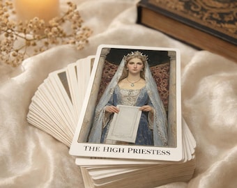 May include: A deck of tarot cards featuring "The High Priestess" card, with a woman in a blue gown and veil. The cards are stacked on a satin surface, with a lit candle and a decorative book in the background.