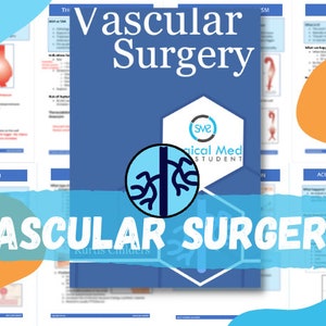 以下が含まれることがあります： 「Vascular Surgery」の文字が白で表示されたグラフィック。画像には医療図とSurgical Med Studentのロゴが含まれています。背景にはオレンジと青の形があります。「Kurtis Childers」の文字も表示されています。