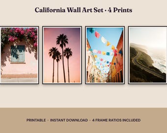 カリフォルニアのウォールアート4点セット（印刷可能）、ブーゲンビリア、ヤシ、夕日、パペルピカド、太平洋岸、ボヘミアンラティーナホームデコレーション、デジタルダウンロード