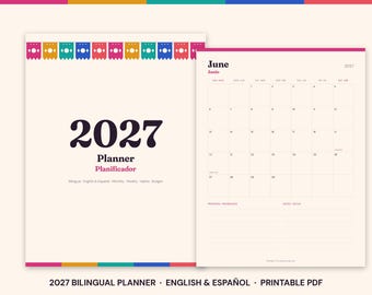 2027年バイリンガルプランナー（印刷可能）、英語スペイン語月間プランナー、プランニフィカドール2027、習慣トラッカー、予算、PDF即時ダウンロード