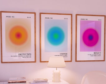 Set of 3 Angel Number Set 444, 555, 666 Angel Number Poster, Aura Posters, Gradient Aura Angel,  Gradient Print, Dorm Wall Art,Digital only