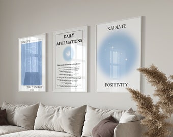 Blue Positive Aura Posters, Set of 3 Affirmation Poster, Spiritual Wall Art, Gradient Poster Set, Blue Self Love Posters, spread positivity