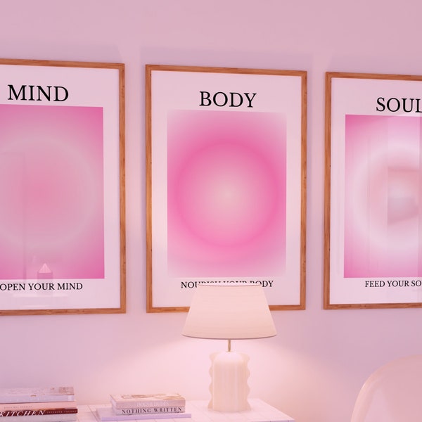 Mind Body Soul, Gradient Print, Spiritual Wall Art, Set of 3 Positive Aura Posters, Positive Affirmations, Colourful Aura Posters, Digital