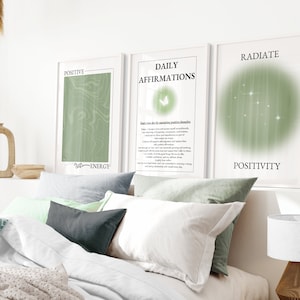 Groene positieve aura posters, set van 3 bevestiging, spirituele kunst aan de muur, gradiënt poster set, salie groene zelfliefde posters, verspreid positiviteit