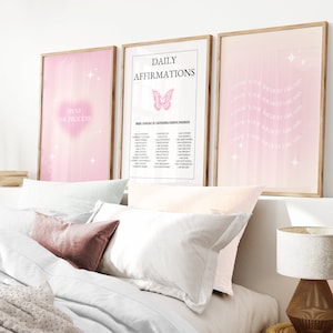 Impresiones de color rosa pastel, carteles de amor propio, cartel de aura de ángel rosa, conjunto de 3 carteles de afirmación, arte de pared espiritual, cartel de degradado granulado rosa