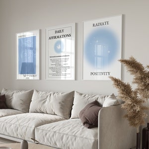 Blauwe positieve auraposters, set van 3 affirmatieposters, spirituele muurkunst, posterset met verloop, blauwe zelfliefdeposters, verspreid positiviteit