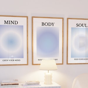 Mind Body Soul Poster, Blue Angel Aura Poster Set, Set of 3 Affirmation Poster, Spiritual Wall Art, Grainy Gradient Poster Set,  Blue Prints