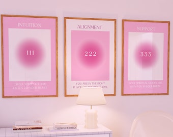 Set of 3 Angel Number Set 111,222,333, Angel Number Poster, Pink Aura Posters, Gradient Aura Angel, Gradient Print, Dorm Wall Art, Digital