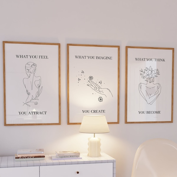 Lot de 3 affiches d'art au trait, décoration de chambre esthétique, art mural spirituel tendance, affiche d'affirmation positive, impression manifeste positive, art mural zen