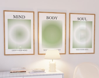 Pôster de Aura Corpo e Mente Verde-Sálvia, Conjunto de 3 pôsteres de afirmação, Arte de parede verde-sálvia, Gradiente retrô, Decoração de quarto estética, Arte espiritual