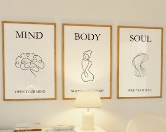 Mind Body Soul, Set of 3 Line Art print, Trendy Spiritual Wall Art, Positive Affirmation Poster, Positive Manifest Print, Zen Wall Art