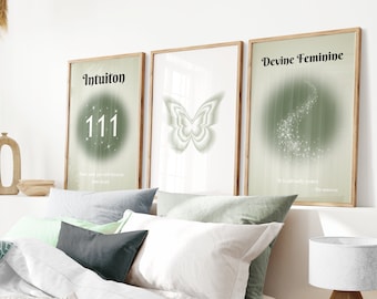 Green Angel Number 111, Aura Poster Set, Set of 3 Affirmation Poster, Spiritual Wall Art, Gradient Poster Set, Green Self Love Posters
