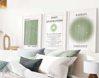 Conjunto de 3 pôsteres com aura positiva em verde, afirmações inspiradoras, arte de parede espiritual, conjunto de pôsteres com efeito degradê, pôsteres de amor próprio em verde sálvia, espalhe positividade.