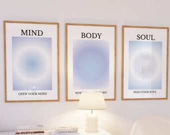 Mind Body Soul Poster, Blue Angel Aura Poster Set, Set of 3 Affirmation Poster, Spiritual Wall Art, Grainy Gradient Poster Set,  Blue Prints
