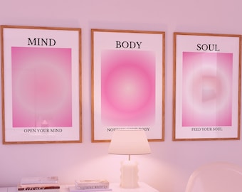 Mind Body Soul, Gradient Print, Spiritual Wall Art, Set of 3 Positive Aura Posters, Positive Affirmations, Colourful Aura Posters, Digital