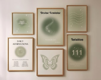 Set of 6 Prints, Green Gallery Wall Art, Green Angel Number Aura Poster, Affirmation Poster, Wall Art Gallery, Gradient Poster Set Above Bed