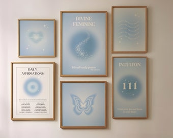 Set of 6 Prints, Blue Gallery Wall Art, Blue Angel Number Aura Poster, Affirmation Poster, Wall Art Gallery, Gradient Poster Set Above Bed