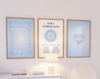 Blue Angel Aura Poster Set, Set of 3 Affirmation Poster, Spiritual Wall Art, Gradient Poster Set, Blue Self Love Posters, Angel Number 111