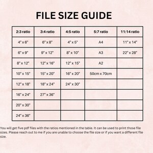 May include: A chart with a file size guide for different aspect ratios. The chart lists common paper sizes in inches and centimeters, including 4x6, 6x8, 8x10, 11x14, A4, A3, and A2.
