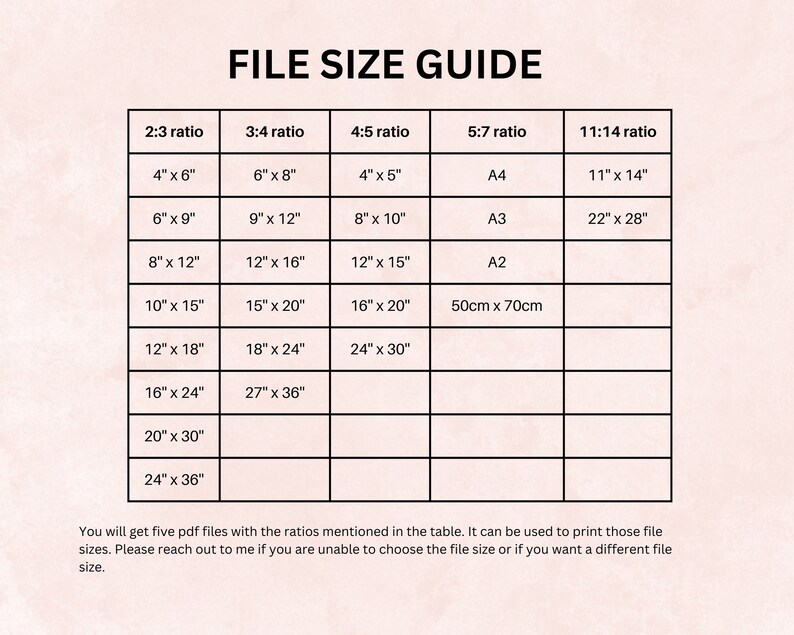 May include: A chart with a file size guide for different aspect ratios. The chart lists common paper sizes in inches and centimeters, including 4x6, 6x8, 8x10, 11x14, A4, A3, and A2.