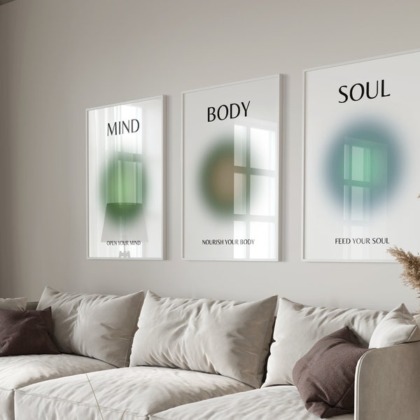 Green Mind Body Soul Poster, Angel Aura Poster, Set of 3 Affirmation Poster, Spiritual Wall Art, Grainy Gradient Poster Set,  Green Prints