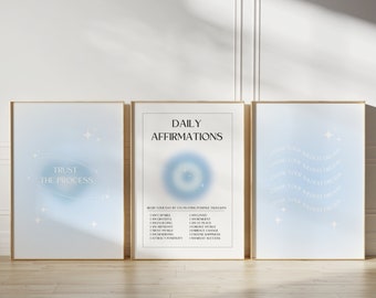Light Blue Prints, Self Love Posters, Blue Angel Aura Poster Set, Set of 3 Affirmation Poster, Spiritual Wall Art, Grainy Gradient Poster