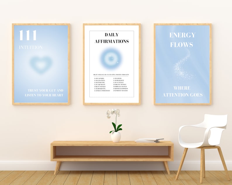 Blue Angel Aura Poster Set, Set of 3 Affirmation Poster, Spiritual Wall Art, Gradient Poster Set, Blue Self Love Posters, Angel Number 111 image 7