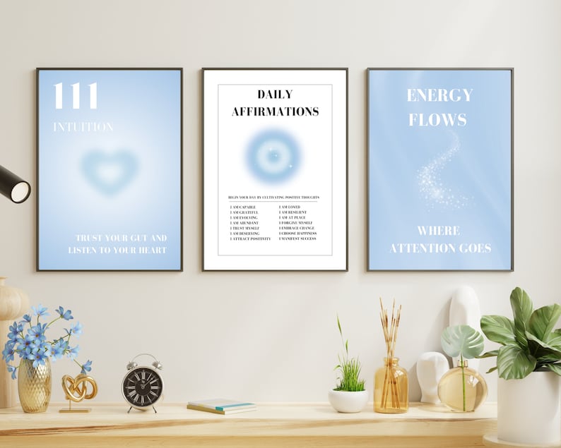 Blue Angel Aura Poster Set, Set of 3 Affirmation Poster, Spiritual Wall Art, Gradient Poster Set, Blue Self Love Posters, Angel Number 111 image 6