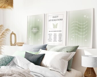 Borboleta Verde Sálvia, Pôsteres de Amor Próprio, Pôster da Aura de Anjo Verde, Conjunto de 3 Pôsteres de Afirmação, Arte de Parede Espiritual, Gradiente Granulado Verde