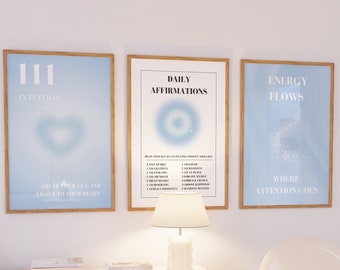 Blue Angel Aura Poster Set, Set of 3 Affirmation Poster, Spiritual Wall Art, Gradient Poster Set, Blue Self Love Posters, Angel Number 111