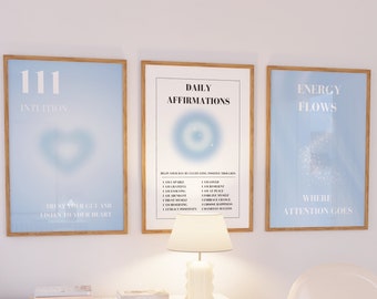 Blauer Engel Aura Poster Set, 3er-Set Affirmation Poster, spirituelle Wandkunst, Verlaufsposter-Set, blaue Selbstliebe Poster, Engel Zahl 111