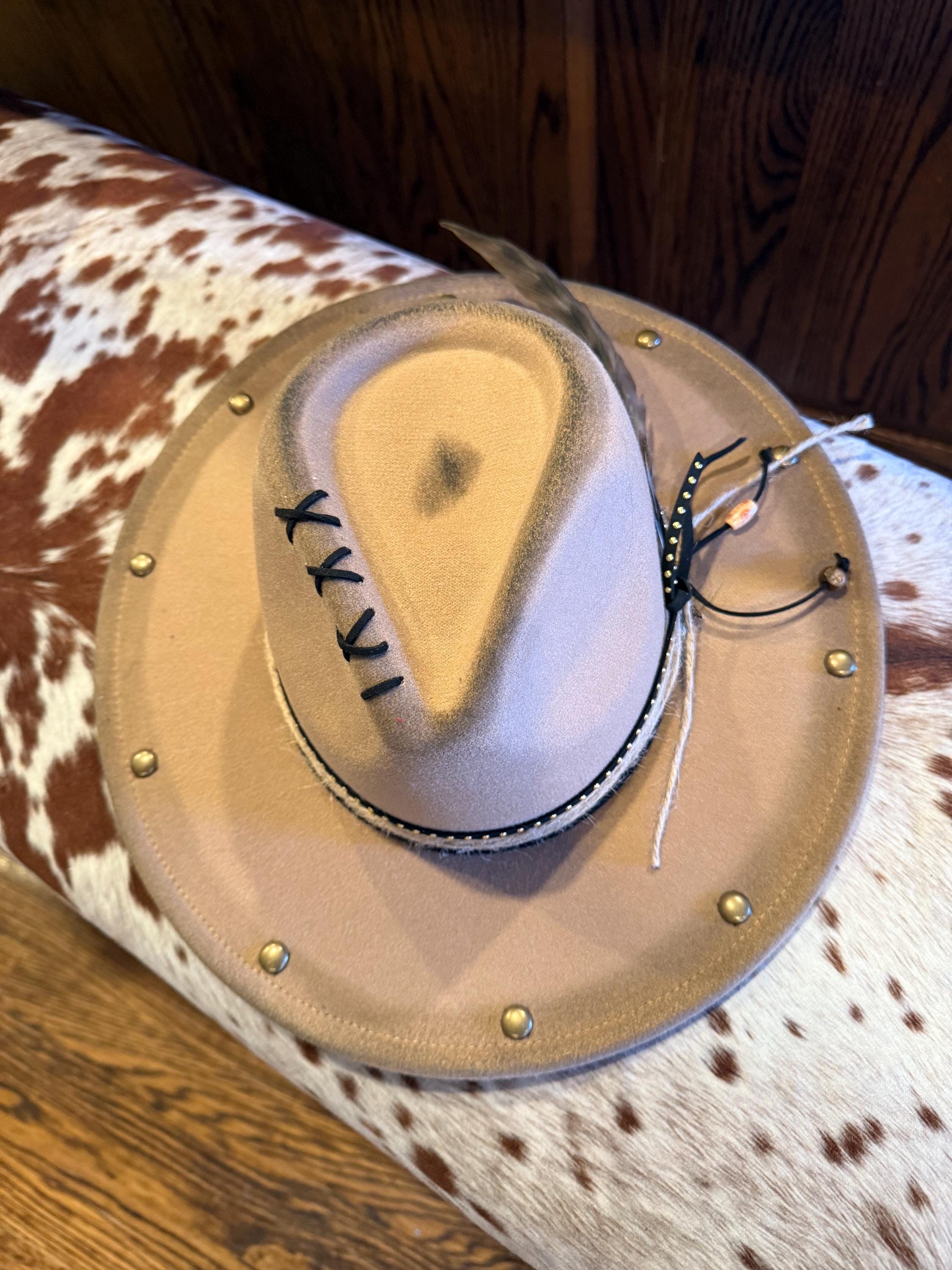 Tan Cowboy Hat: Western Style With Metal Accents & Feather  display picture 2