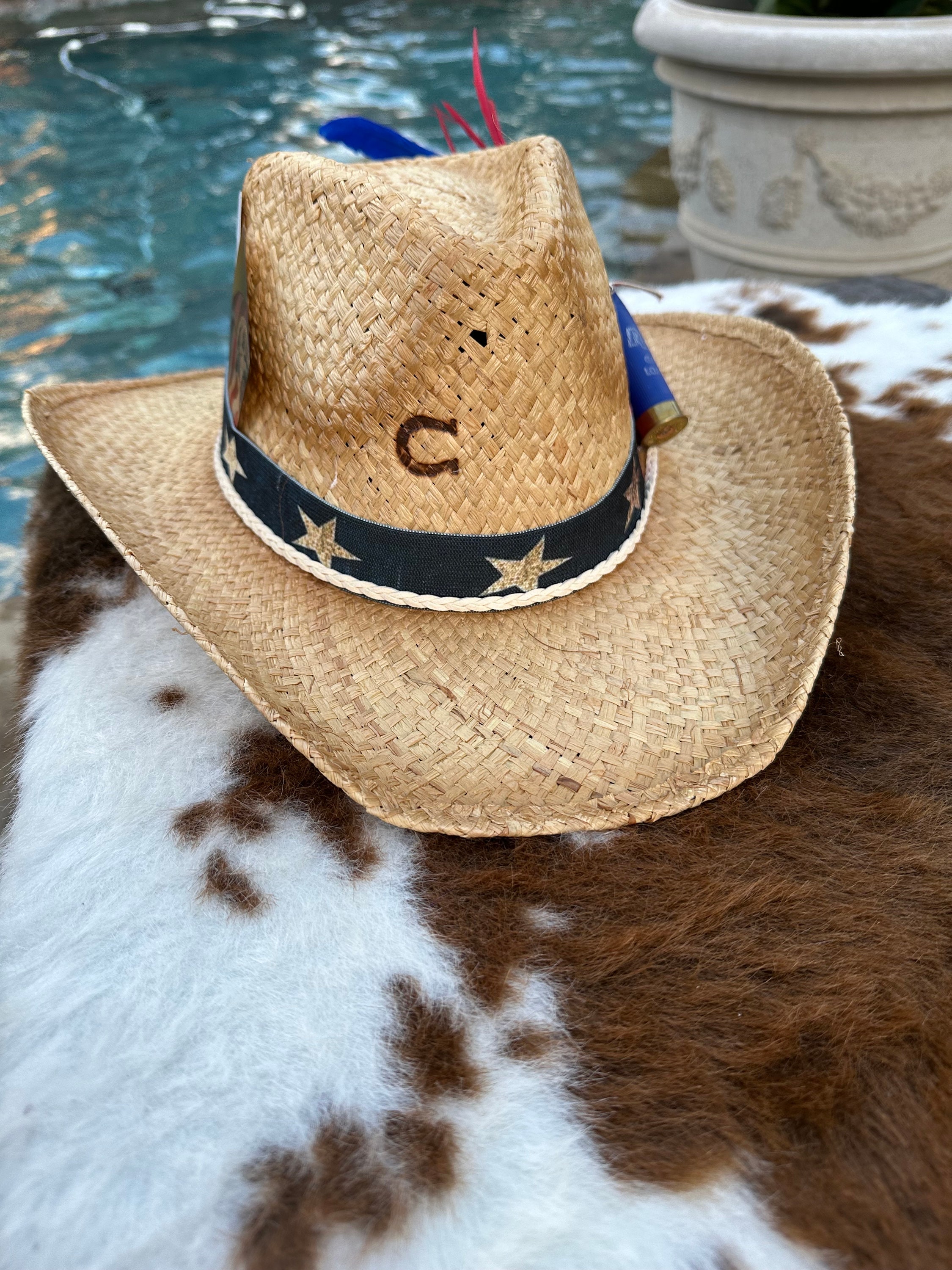 Charlie 1 Horse Custom HAND BURNED  Felt Cowboy Hat Red/White/Blue Accents Hand Burned Charlie Horse Hat - Available Hats - Combustible  main image 4